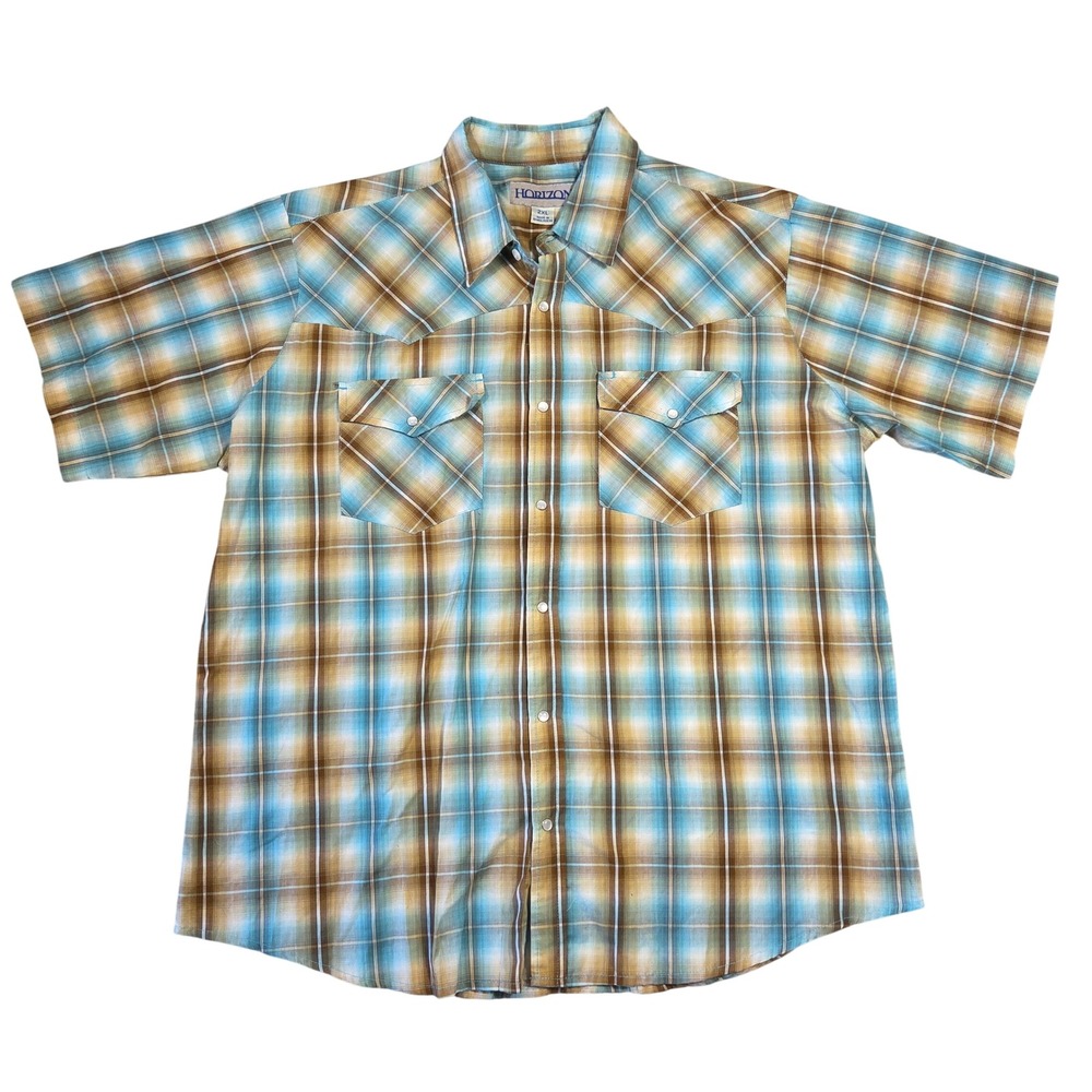Horizon Mens 2XL Western Snap Shirt Plaid Short Sleeve Blue Pearl Snap Cowboy